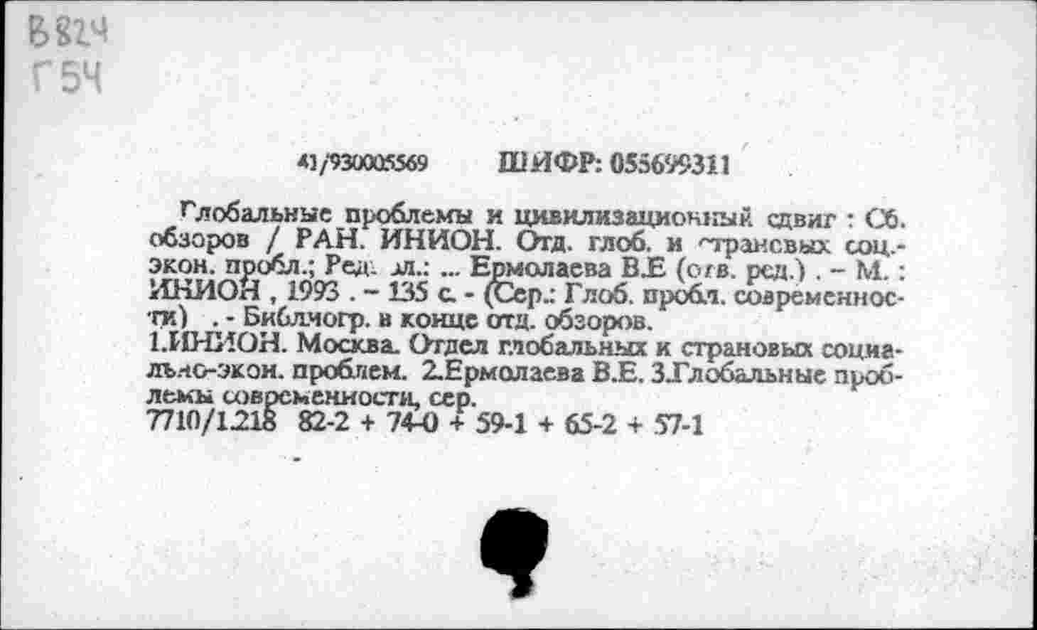 ﻿41/-930005569	ШИФР: 055699311
Глобальные проблемы и цивилизационный сдвиг : Сб. обзоров / РАН. ИНИОН. Отд. глоб. и 'трансвых соц.-экон. пробл.; Род. м.: ... Ермолаева ВЗЕ (огв. род.) . - М.: ИНИОН , 1993 . - 135 с. - (Сер.: Глоб. пробл. современности) . - Библчогр. в конце отд. обзоров.
1.ИНИОН. Москва. Отдел глобальных к страновых социально-экон. проблем. 2.Ермолаева В.Е. З.Гл овальные проблемы современности, сер.
7710/1218 82-2 + 74-0 + 59-1 + 65-2 + 57-1